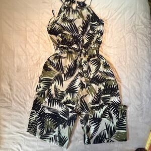 Mlle Gabrielle Tropical Leaf Halter Jumpsuit Green Black Size L